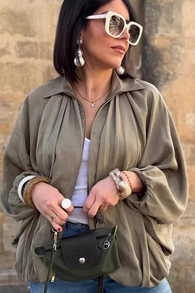 Oversized Puff Sleeve Bomber Jacket - konjwa