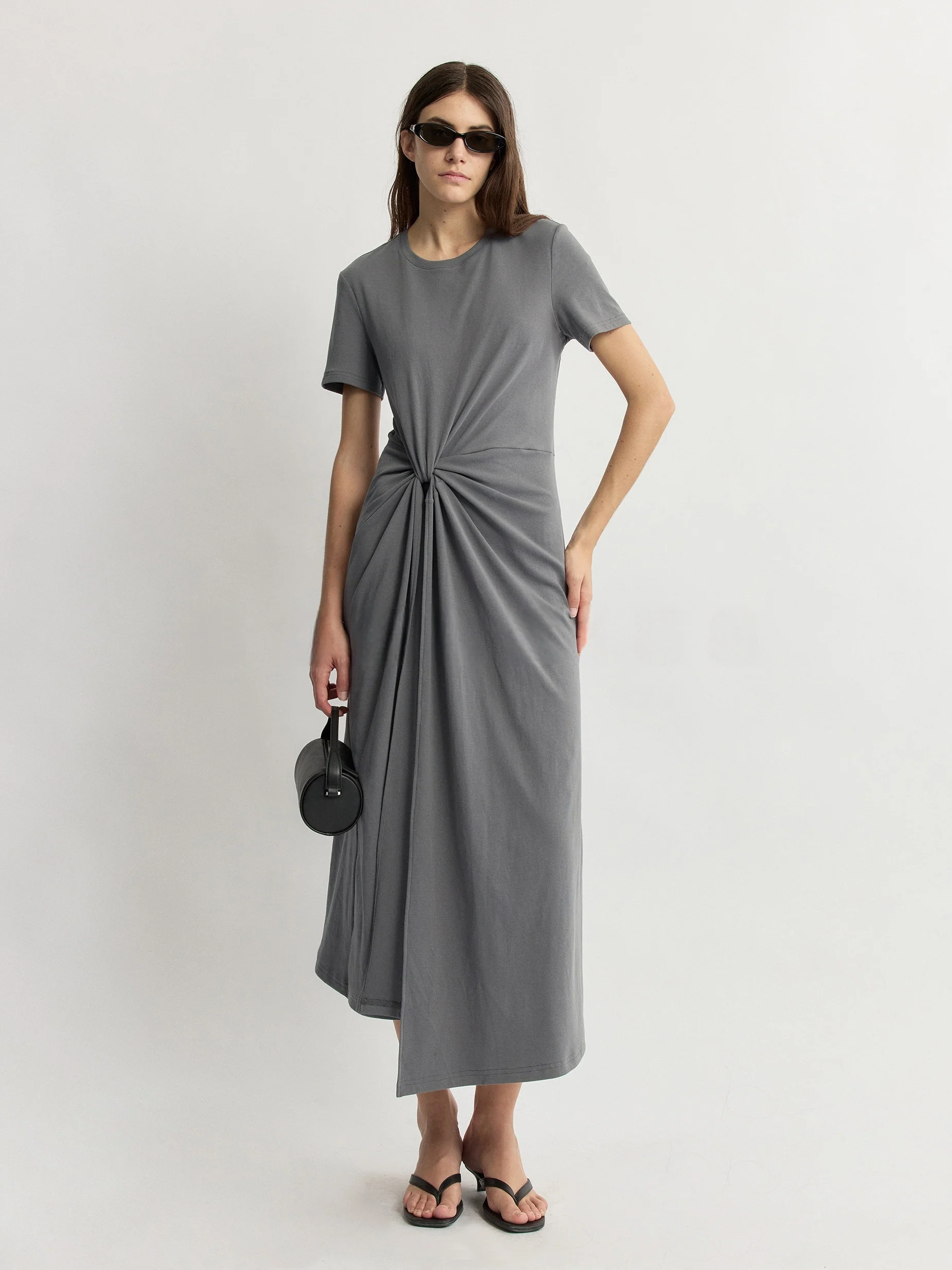 Custom-Combed Cotton 10A Antibacterial Deconstructed Waist-Tie Midi T-Shirt Dress - konjwa
