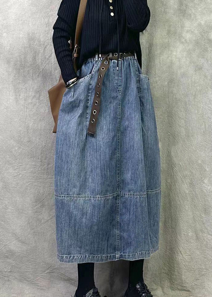 Blue Elastic Waist Patchwork Denim A Line Skirts Pockets - konjwa