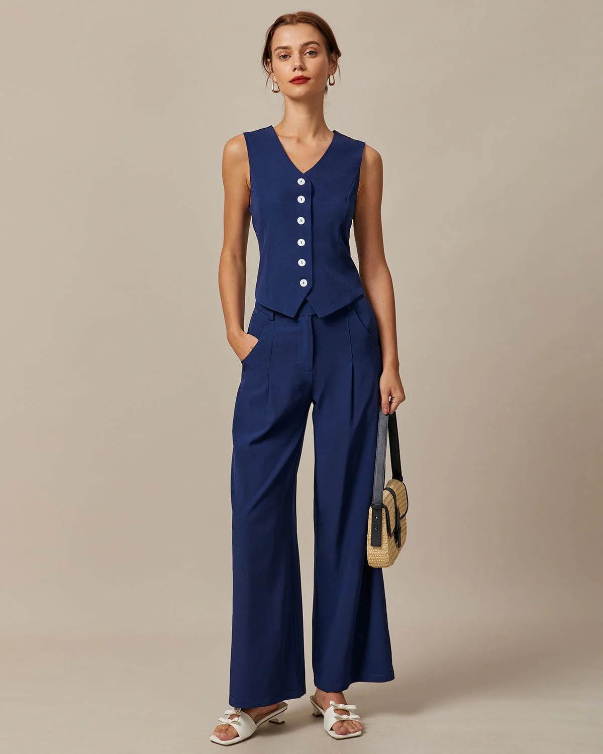 The Navy High Waisted Pockets Straight Pants - konjwa