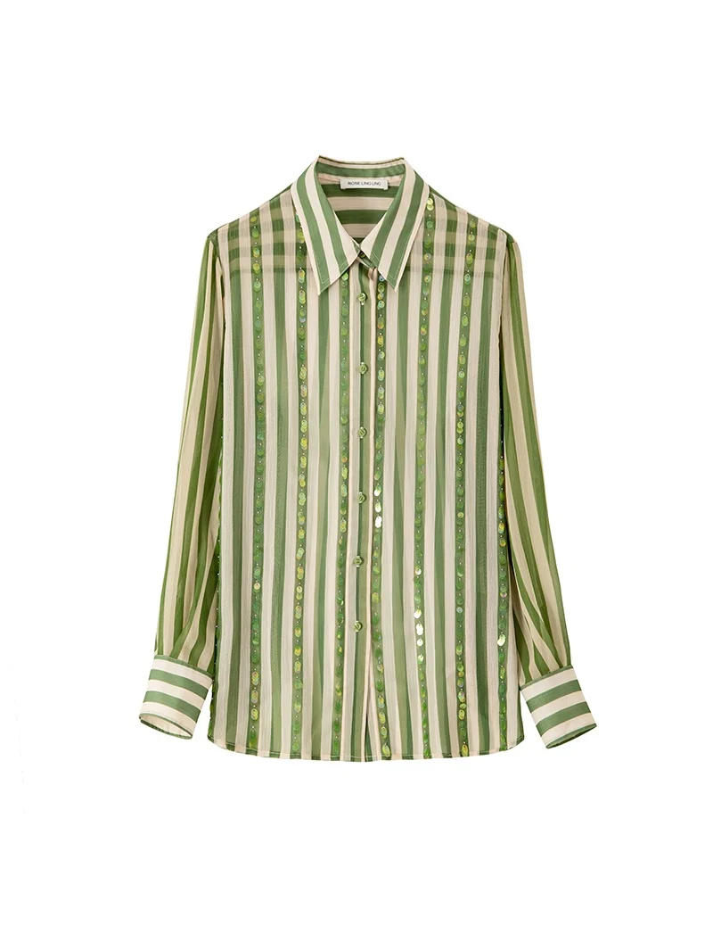 Ultra-Light 75D Chiffon Sequin-Striped Shirt & Skirt Set | Chic Work-to-Vacation Women's Outfit - konjwa