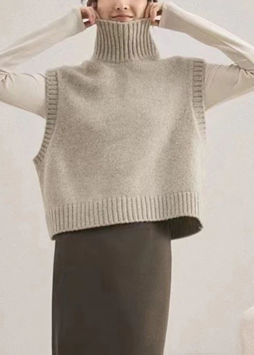 Women Camel Turtleneck Patchwork Knit Waistcoat Sleeveless - konjwa