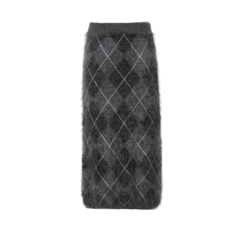 Heavyweight Brushed Knit Vintage Diamond-Pattern Midi Skirt for Women - konjwa