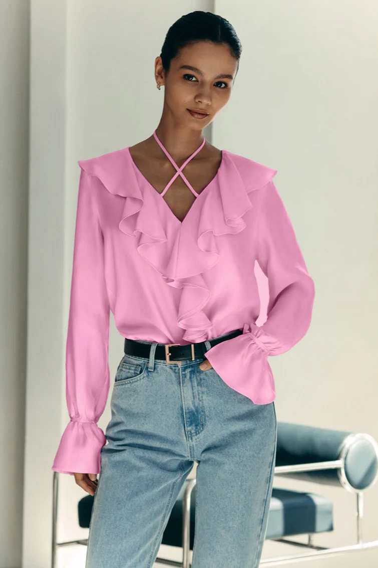 Ruffle Trim V Neck Blouse - konjwa