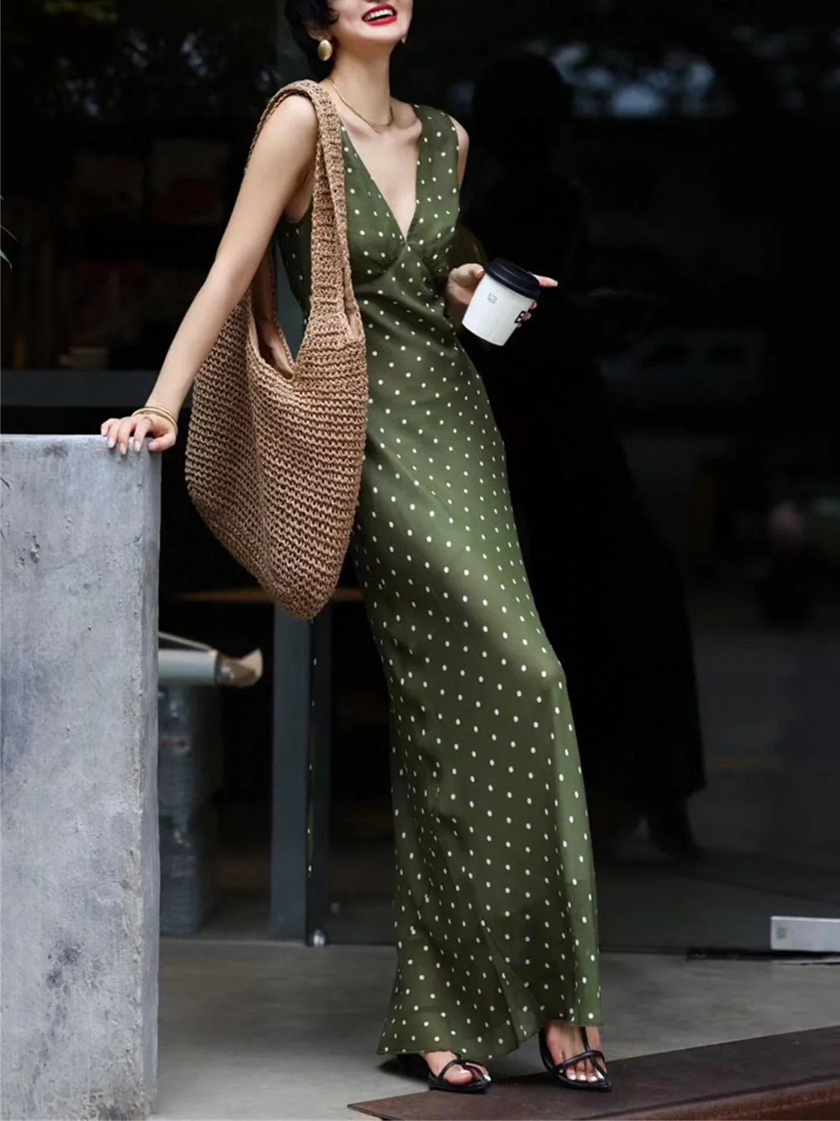 Mulberry Silk V-Neck Vest-Style Polka Dot Print Dress - French Elegant Long Dress - konjwa