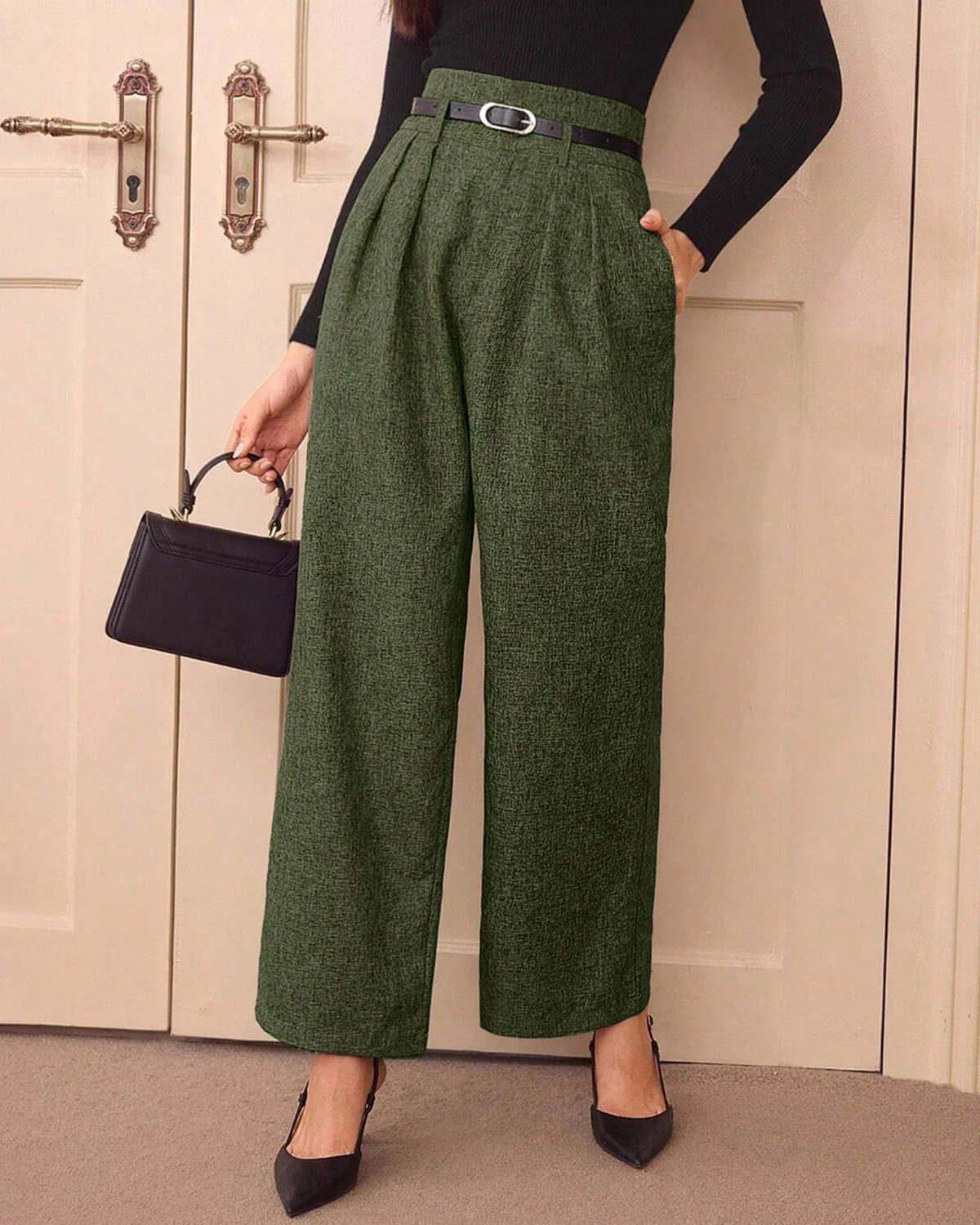 Green Belted Straight Casual Pants - konjwa