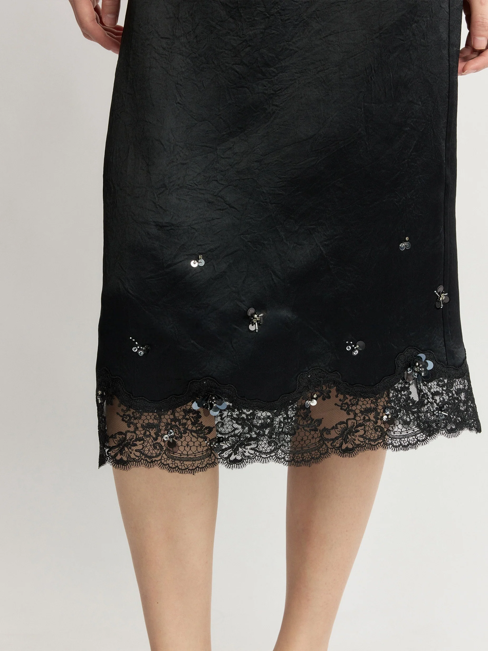Cool-Touch Crinkled Acetate Beaded Lace Straight Midi Skirt - konjwa