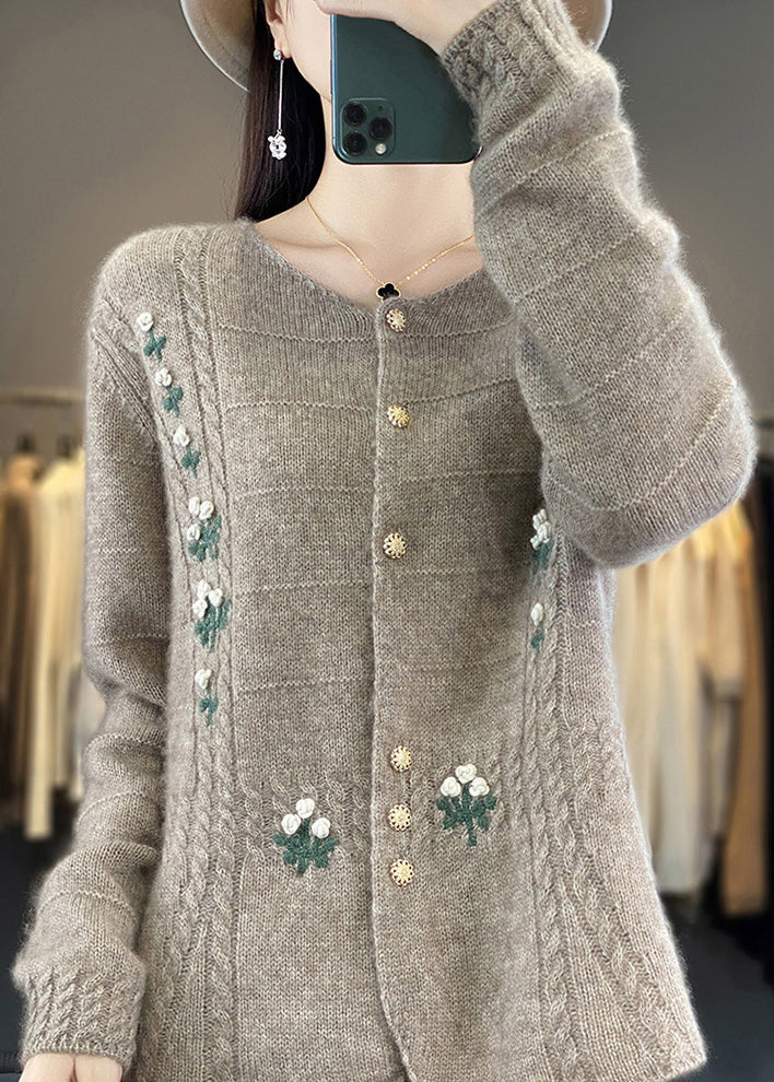 Camel Button Cozy Cashmere Knit Coats O Neck Long Sleeve - konjwa