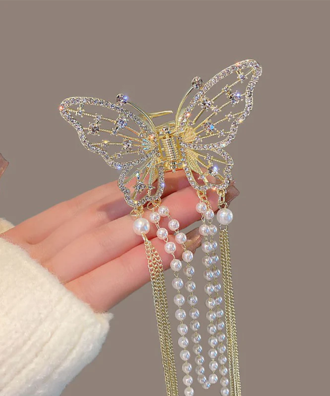 Fine Gold Alloy Zircon Pearl Chain Tassel Hairpin - konjwa