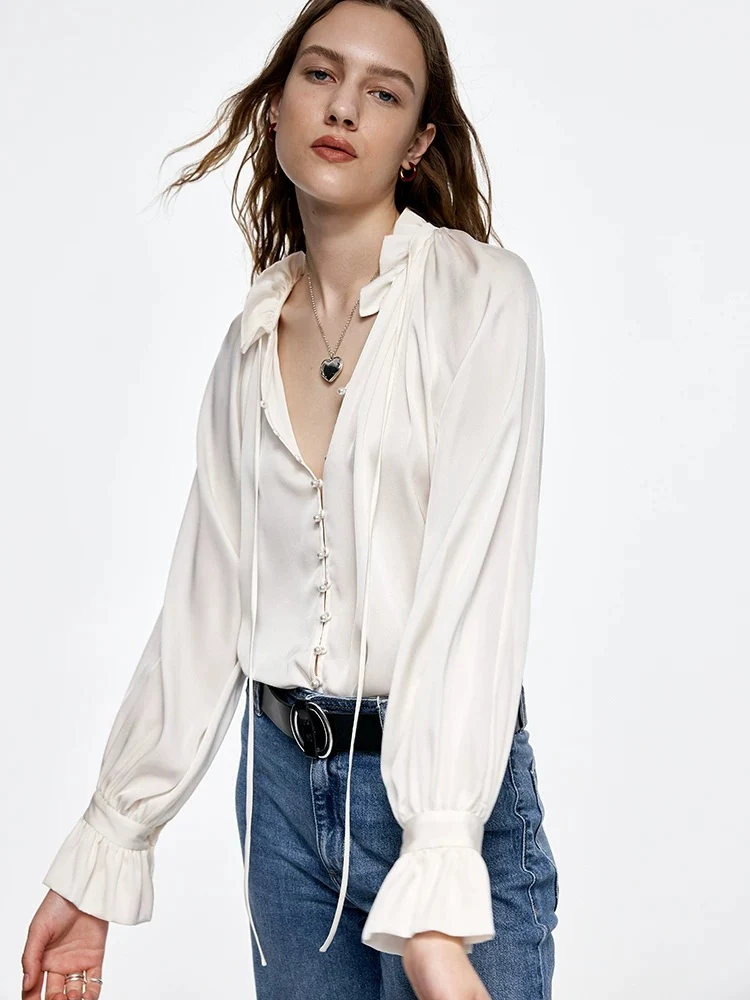 100% Mulberry Silk Tie‑Neck Blouse in White – V‑Neck Ruffle Collar Long‑Sleeve Shirt - konjwa