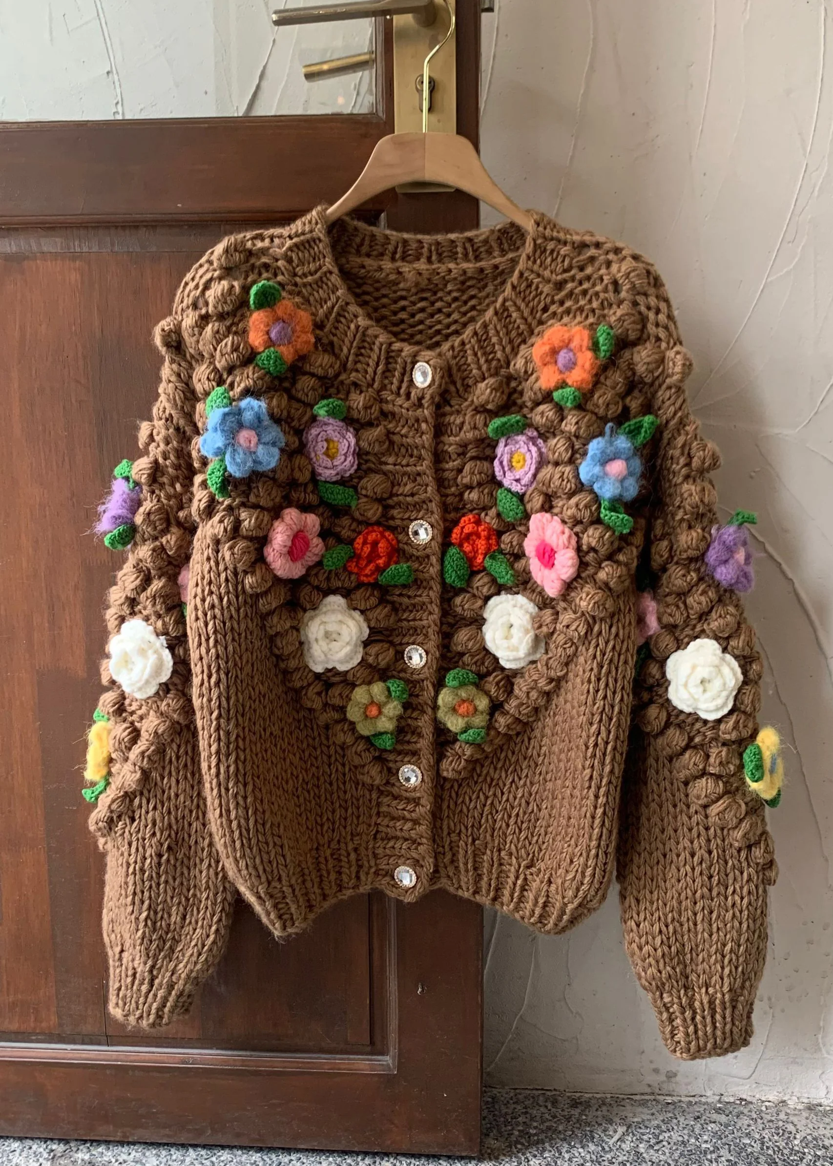 Floral Brown Button Cozy Patchwork Cotton Knit Coats Spring - konjwa