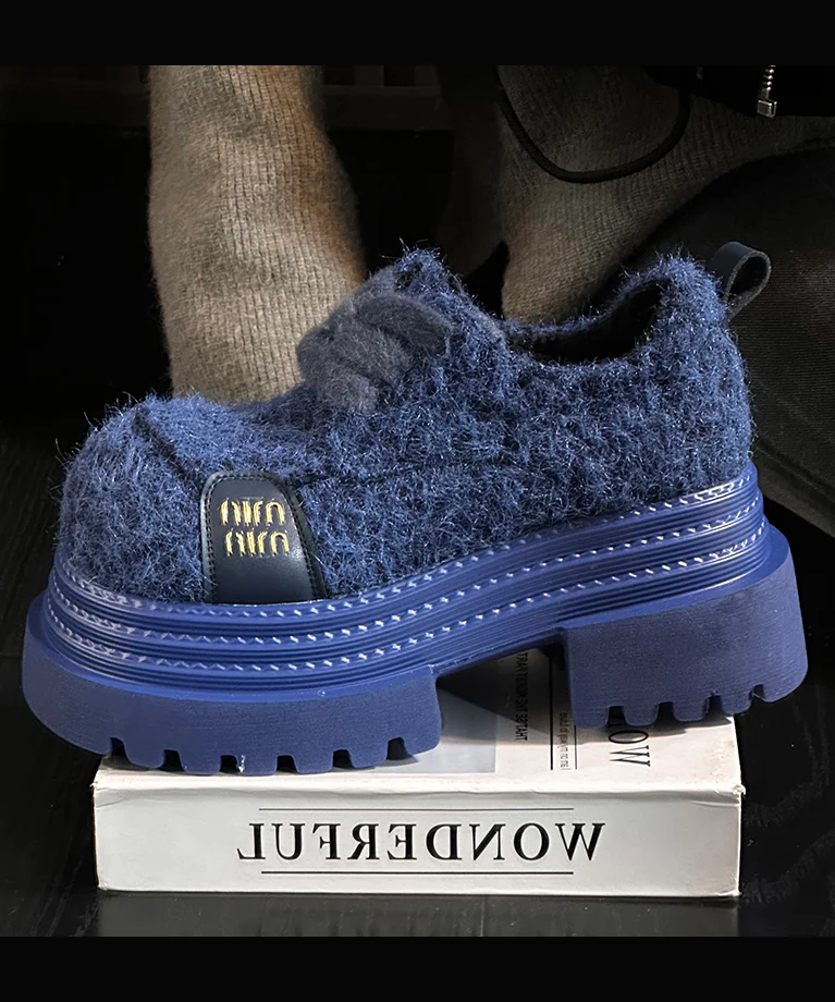 Blue Lace Up Chunky Sheepskin Chic Splicing Loafers - konjwa
