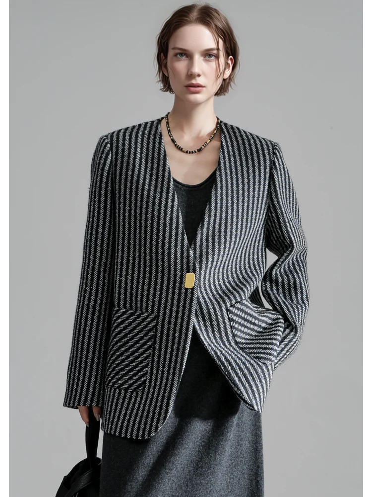 Nordic Striped Wool Blazer for Women – Elegant V-Neck Suit Jacket with Metal Buckle and Structured Shoulders, Fall Office Wear - konjwa