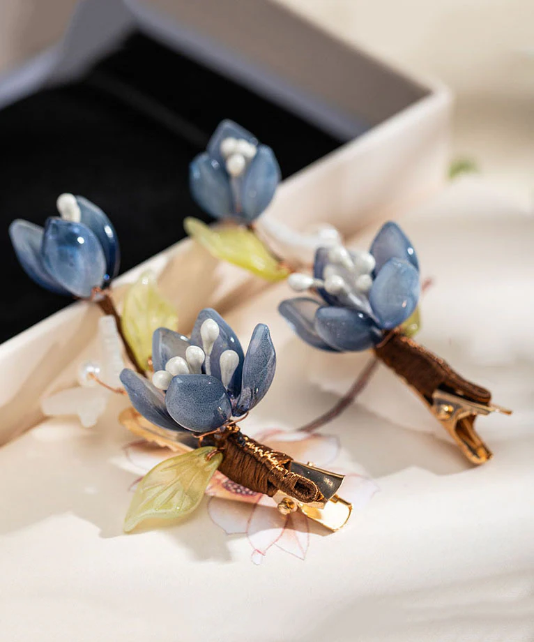 Chinese Style Blue Copper Overgild Pearl Colored Glaze Lotus A Pair Hairpin - konjwa