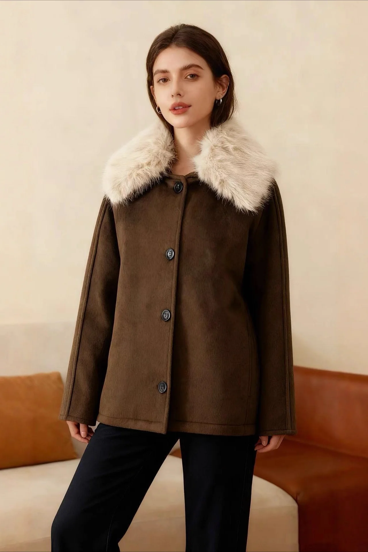Textured Faux Fur Trim Jacket - konjwa