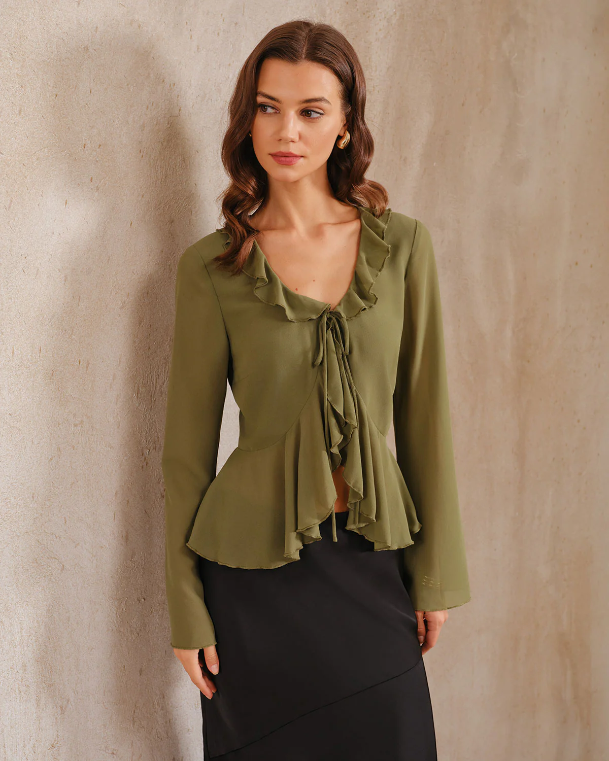 Green Chiffon Ruffle Bell Sleeve Blouse - konjwa