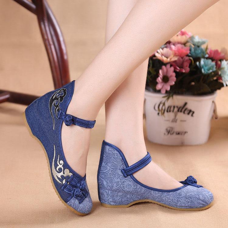 Women Buckle Strap Wedge High Wedge Heels Shoes Blue Oriental Cotton Fabric - konjwa