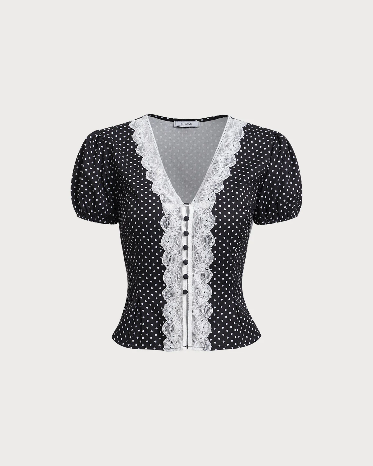 Black Polka Dot Lace Trim Blouse - konjwa