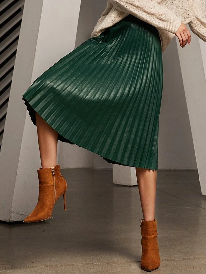 Women's Elegant Vintage High-Waisted Lambskin Leather Pleated Midi Skirt – Luxury Genuine Leather Skirt - konjwa