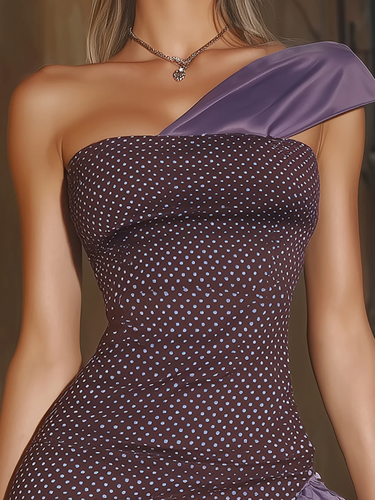 Purple Polka Dot One Shoulder Ruffle Dress - konjwa