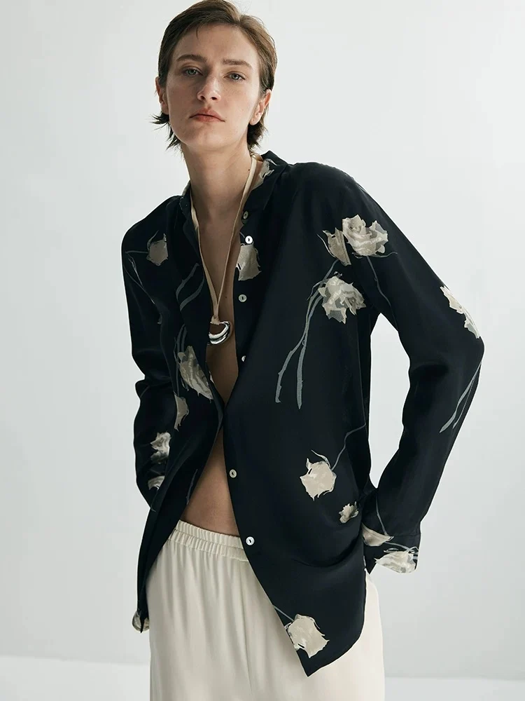 Heavyweight 100% Mulberry Silk Floral Print Shirt – French Effortless Long-Sleeve Button-Down Blouse - konjwa