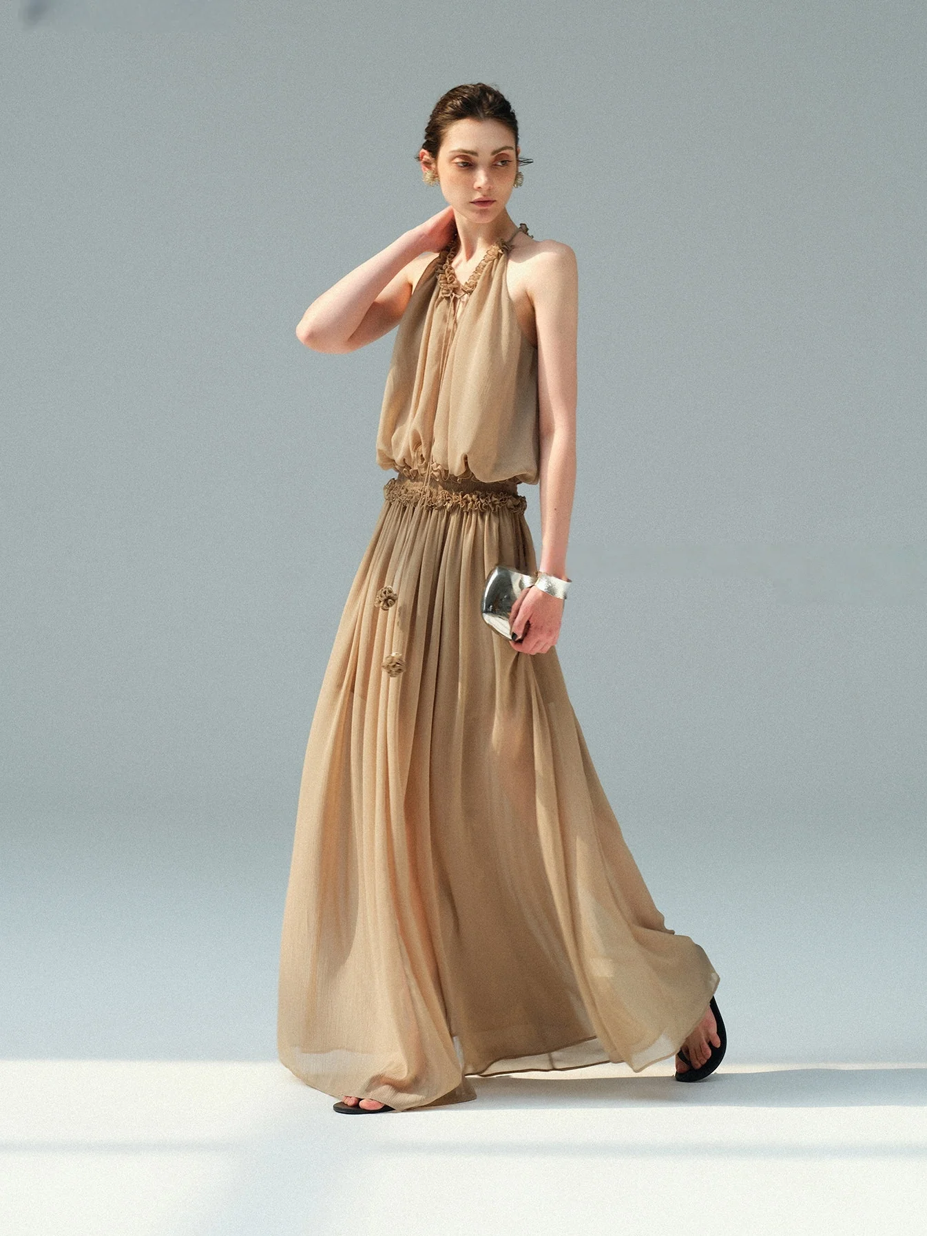 French Ruffle Halter Chiffon Maxi Dress – Pleated Tie-Neck Sleeveless Flowing Dress - konjwa