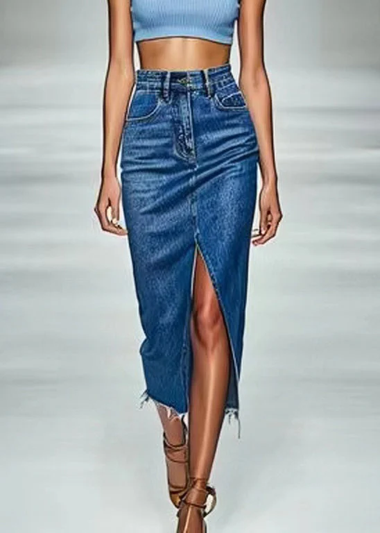 New Blue Front Open Pockets Denim Skirt Summer - konjwa