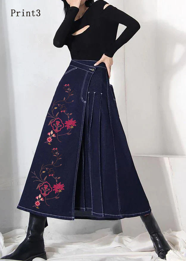 Boho denim blue-print3 zippered asymmetrical design Summer Skirt - konjwa