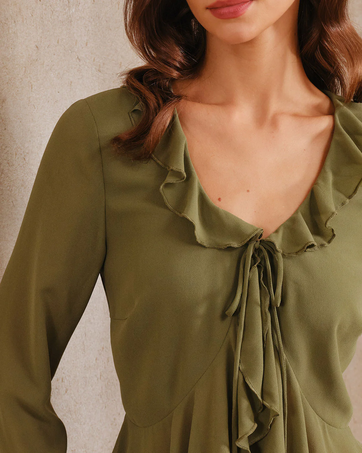 Green Chiffon Ruffle Bell Sleeve Blouse - konjwa