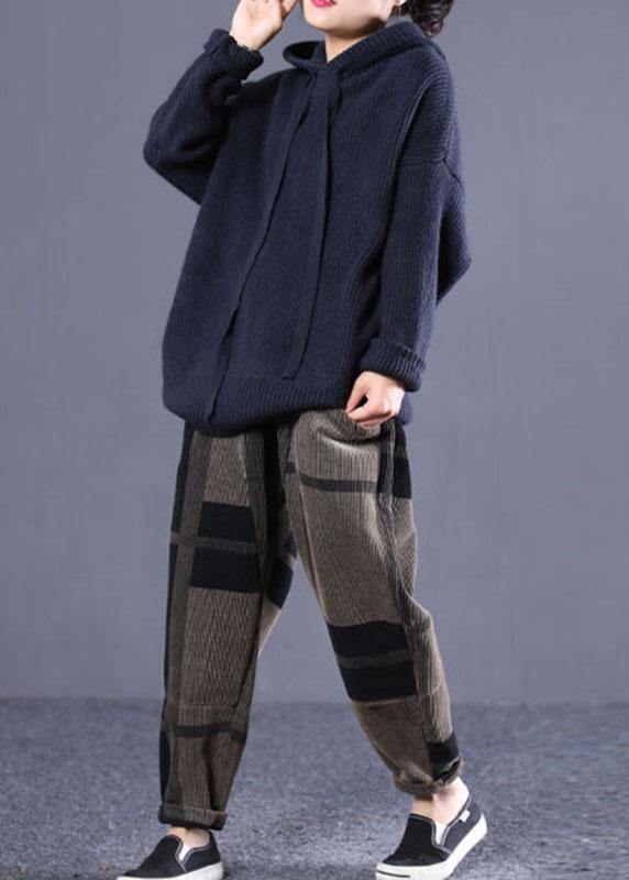 DIY Navy Hooded Loose Fall Knitted Top - konjwa