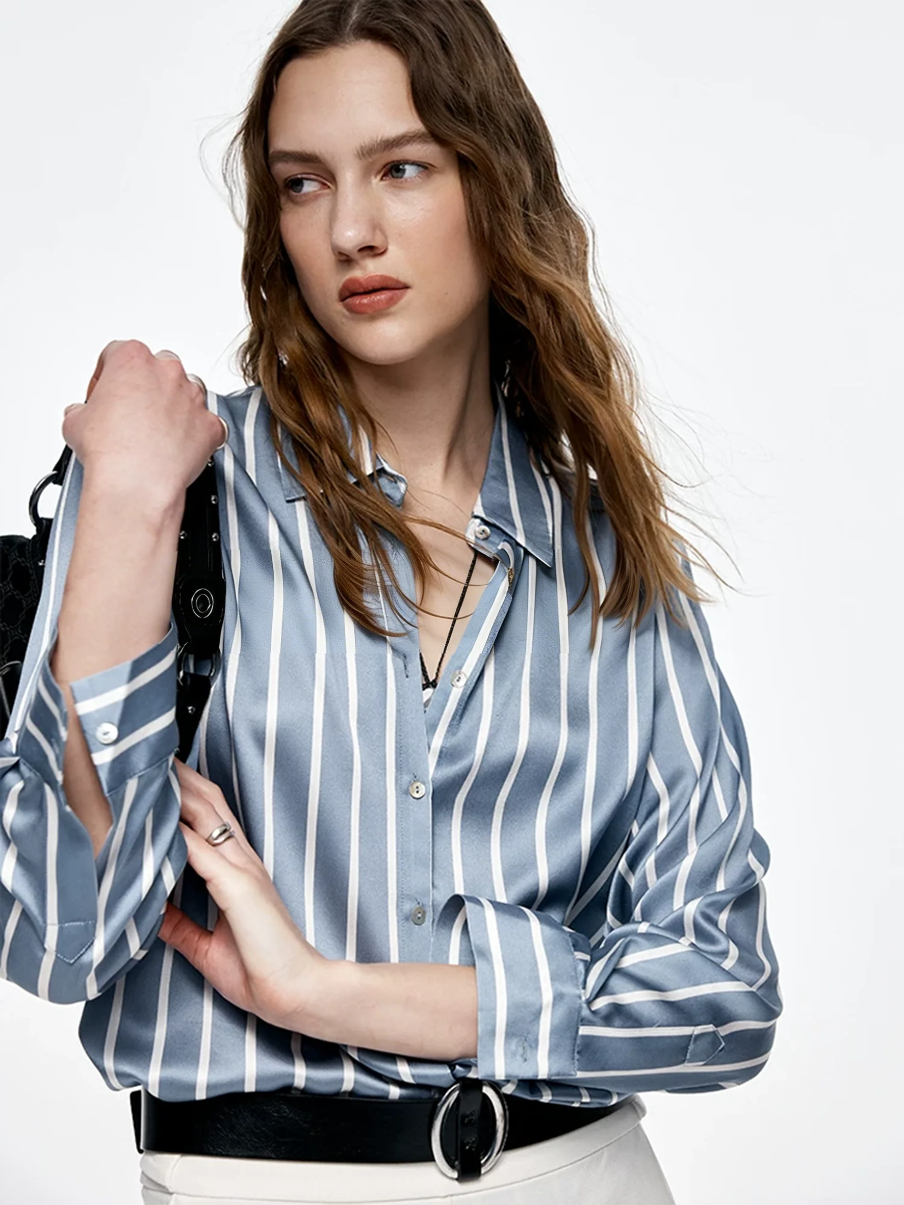 Women's Classic Striped Mulberry Silk Long-Sleeve Shirt – Professional Collared Office Blouse - konjwa