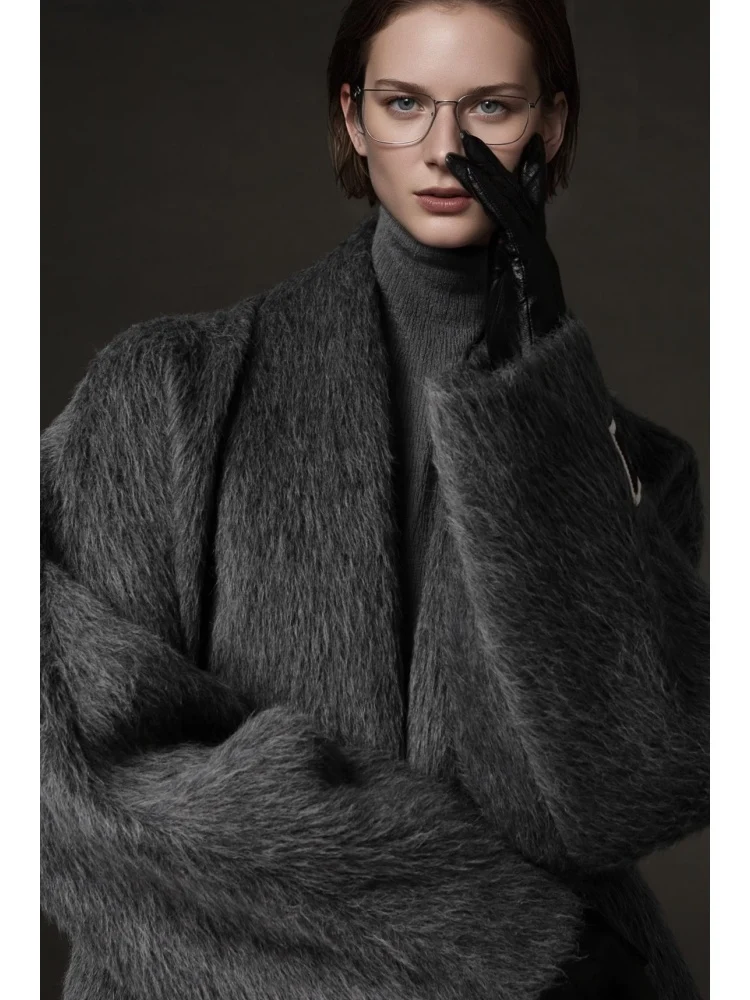 Luxury Suri Alpaca Wool Coat for Women – Double-Faced Winter Fur-Trim Overcoat with Chic Lapel Collar - konjwa