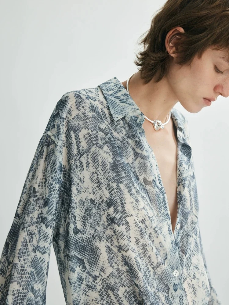 100% Mulberry Silk Python-Print Shirt – Lightweight Sheer Relaxed Long-Sleeve Women’s Blouse - konjwa