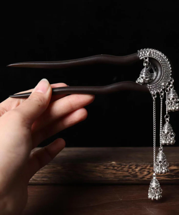 Vintage Black Wooden Bell Tassel Hairpin - konjwa