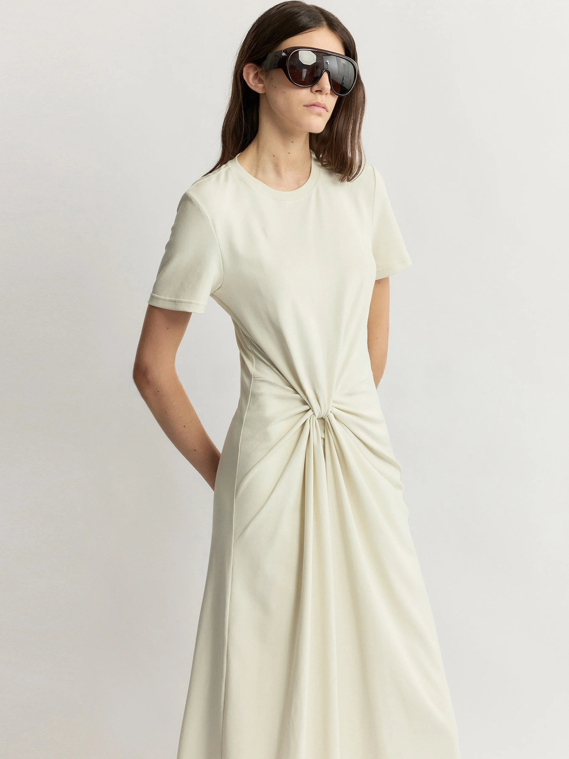Custom-Combed Cotton 10A Antibacterial Deconstructed Waist-Tie Midi T-Shirt Dress - konjwa