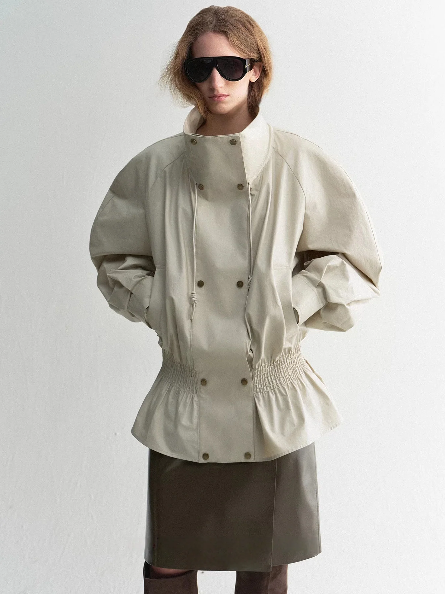 100% Cotton Coated Paper-Touch Trench Coat — Stand Collar Low-Waist Vintage-Style Outerwear - konjwa