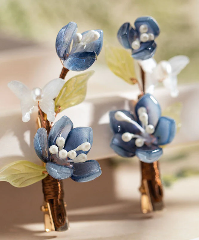 Chinese Style Blue Copper Overgild Pearl Colored Glaze Lotus A Pair Hairpin - konjwa