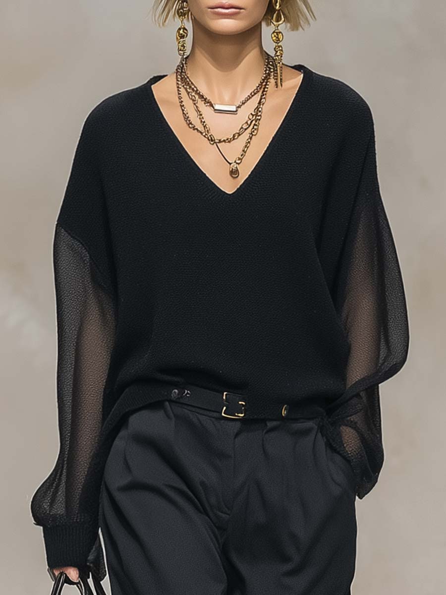 Breathable And Casual Comfortable V-neck Transparent Long-sleeved Black Knitted Blouse Top - konjwa