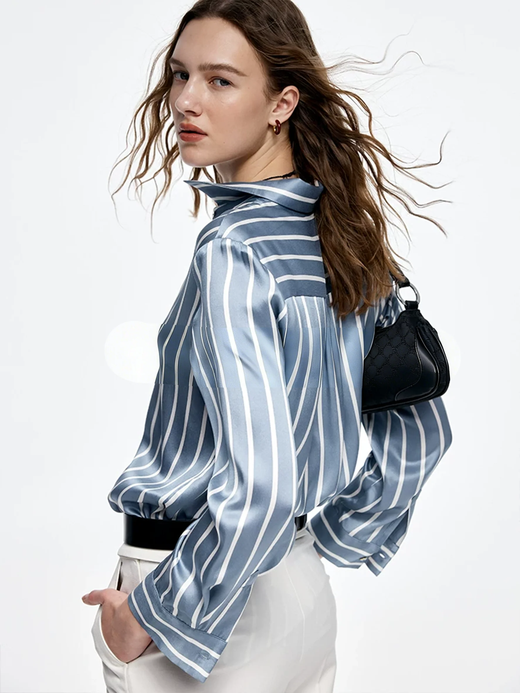 Women's Classic Striped Mulberry Silk Long-Sleeve Shirt – Professional Collared Office Blouse - konjwa
