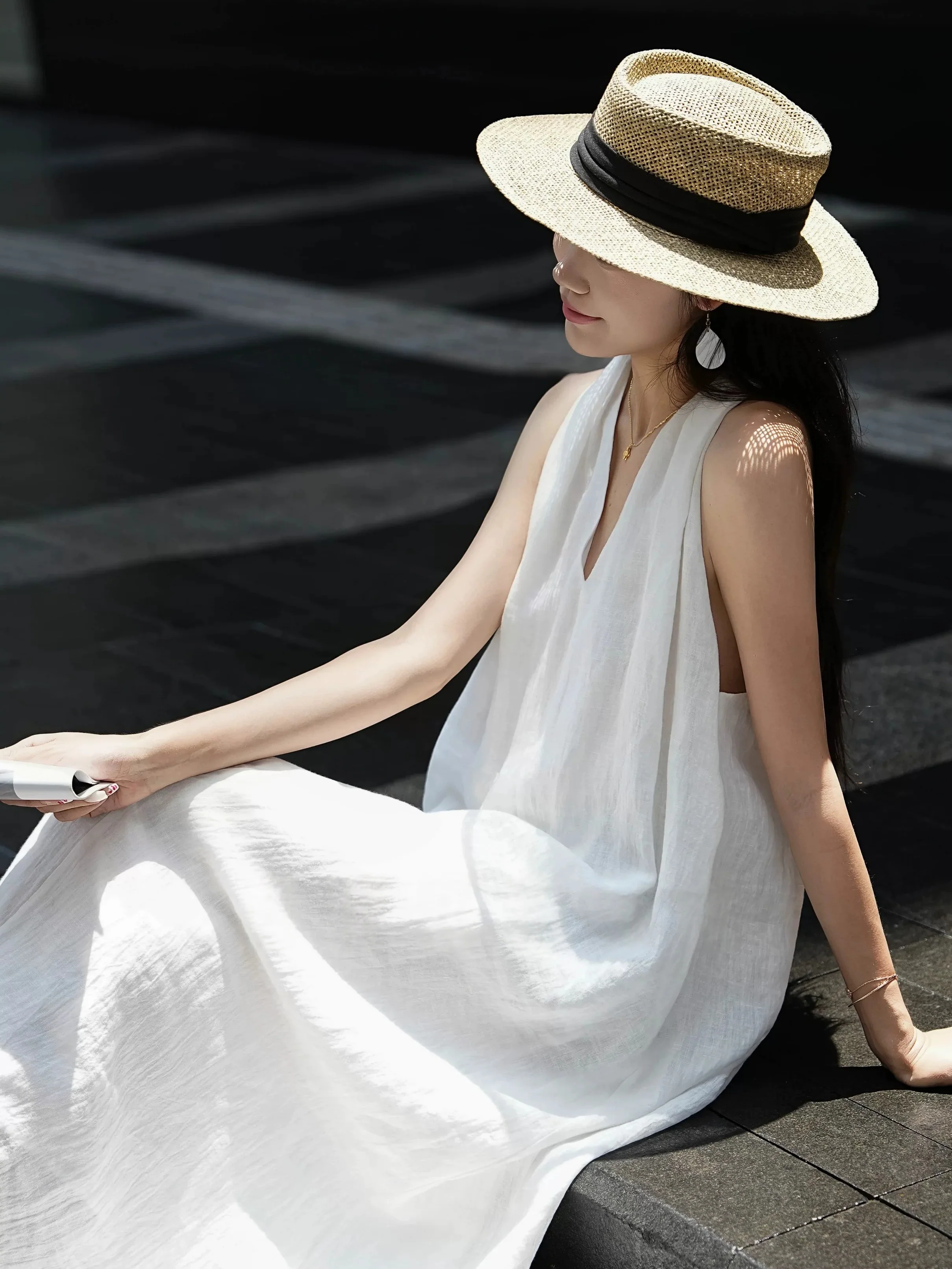 Pure Linen Embroidered Halter Maxi Dress – Relaxed Flowy Summer Gown - konjwa