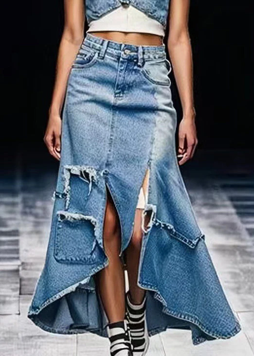 Unique Blue Side Open Low High Design Denim Skirt Summer - konjwa