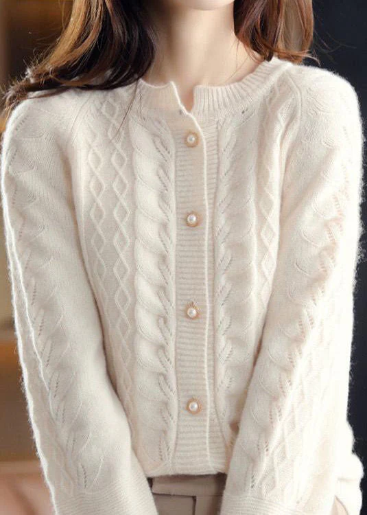 Beautiful Beige O-Neck Pearl Button Wool Knit Cardigan Winter - konjwa