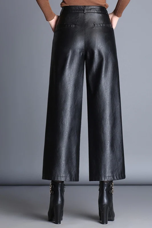 High Waisted Cropped Wide Leg PU Leather Pants - konjwa