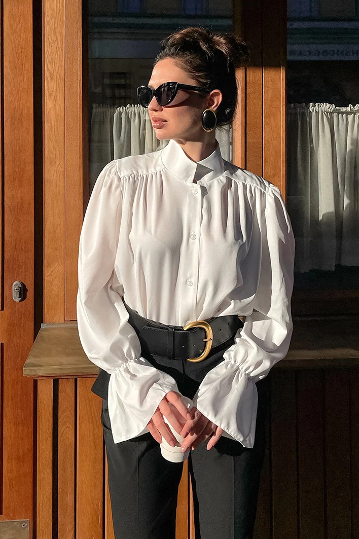 Mandarin Collar Puff Sleeve Blouse - konjwa