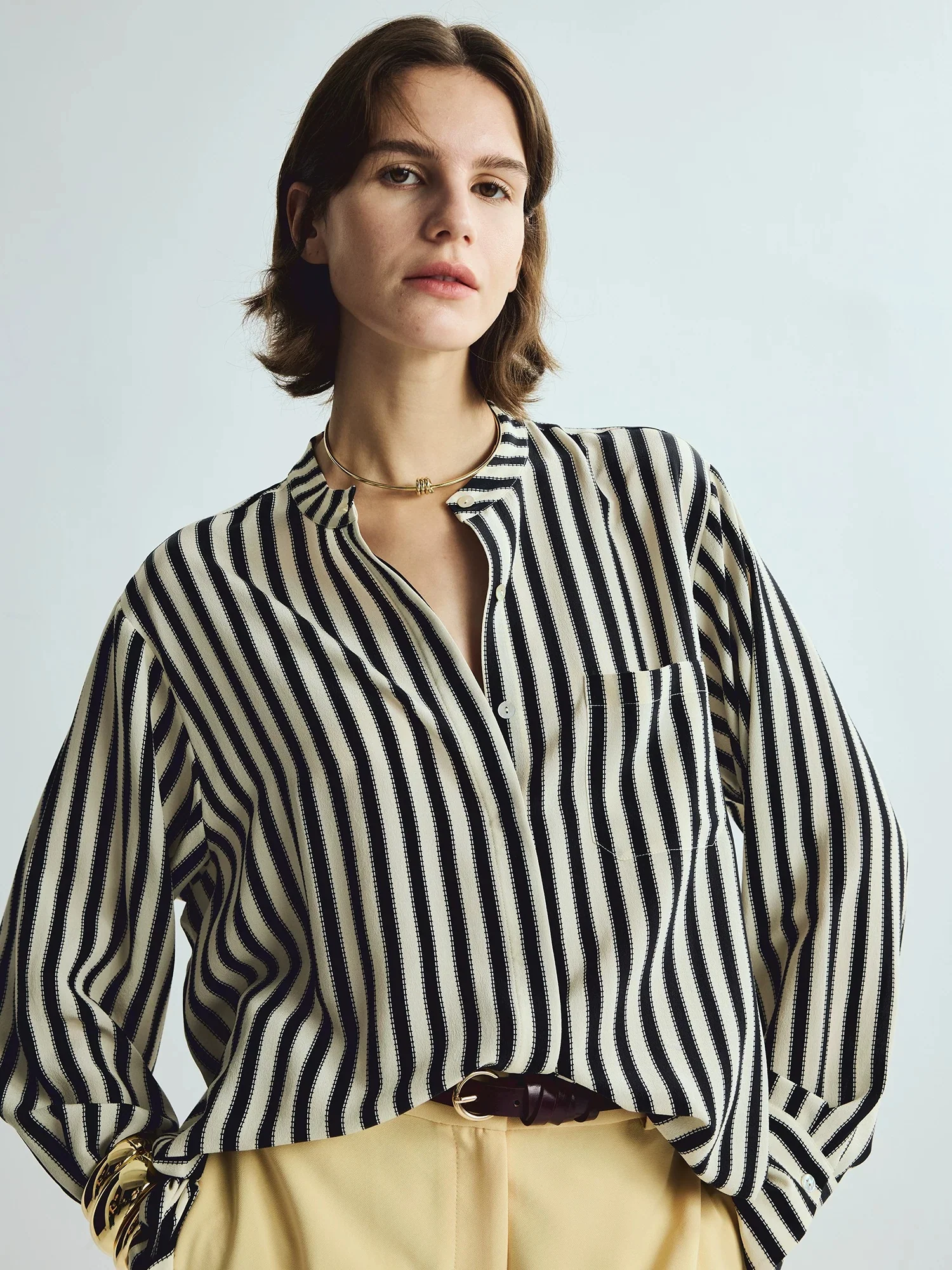 100% Mulberry Silk Black & White Striped Mandarin-Collar Blouse – French-Inspired Long-Sleeve Shirt - konjwa