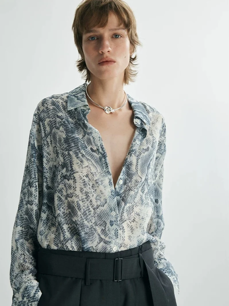 100% Mulberry Silk Python-Print Shirt – Lightweight Sheer Relaxed Long-Sleeve Women’s Blouse - konjwa