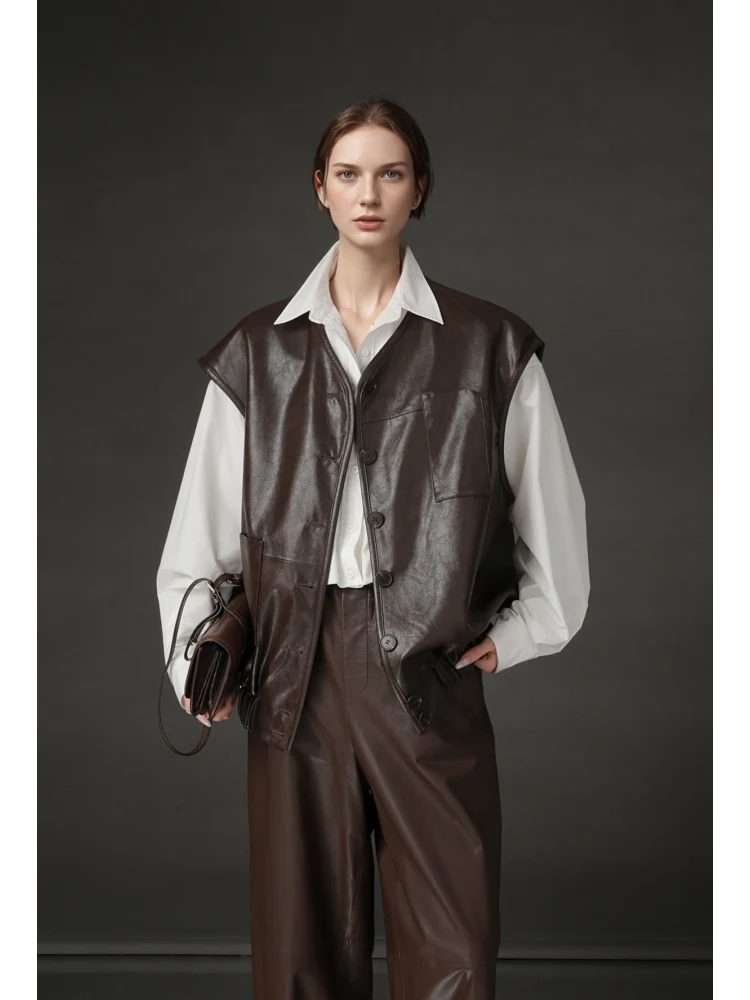 Women’s Sheepskin Leather Vest – Oversized Pocket Design Sleeveless Jacket, Versatile Chic Outerwear - konjwa