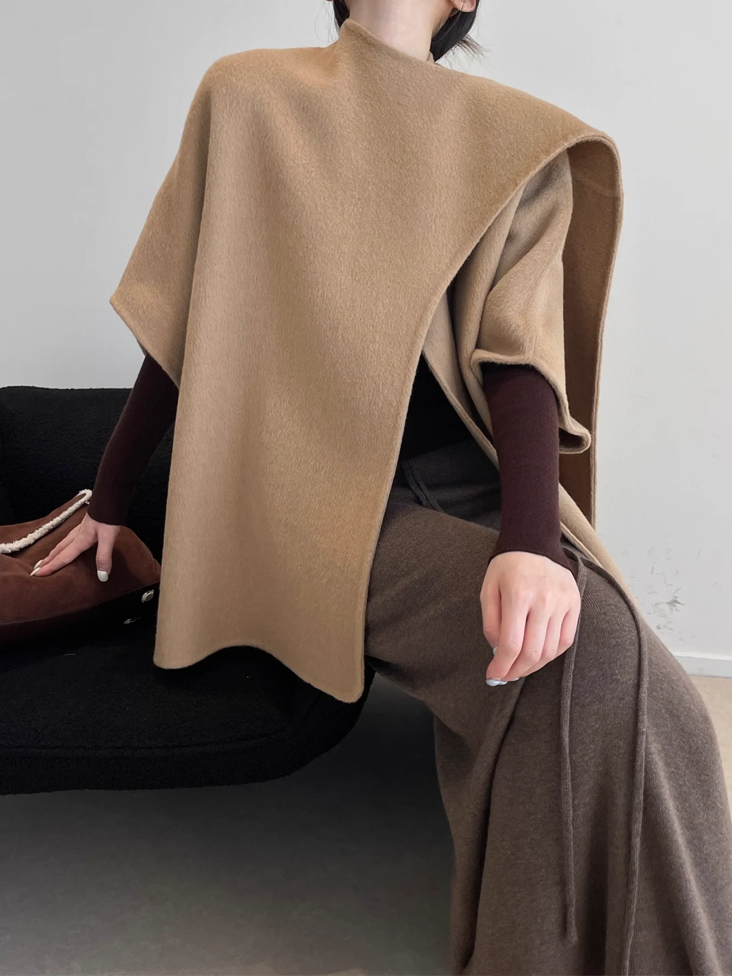 Tencel Wool Double-Faced Shawl Cape Coat for Women | Asymmetric Art-Inspired Deconstructed Design - konjwa