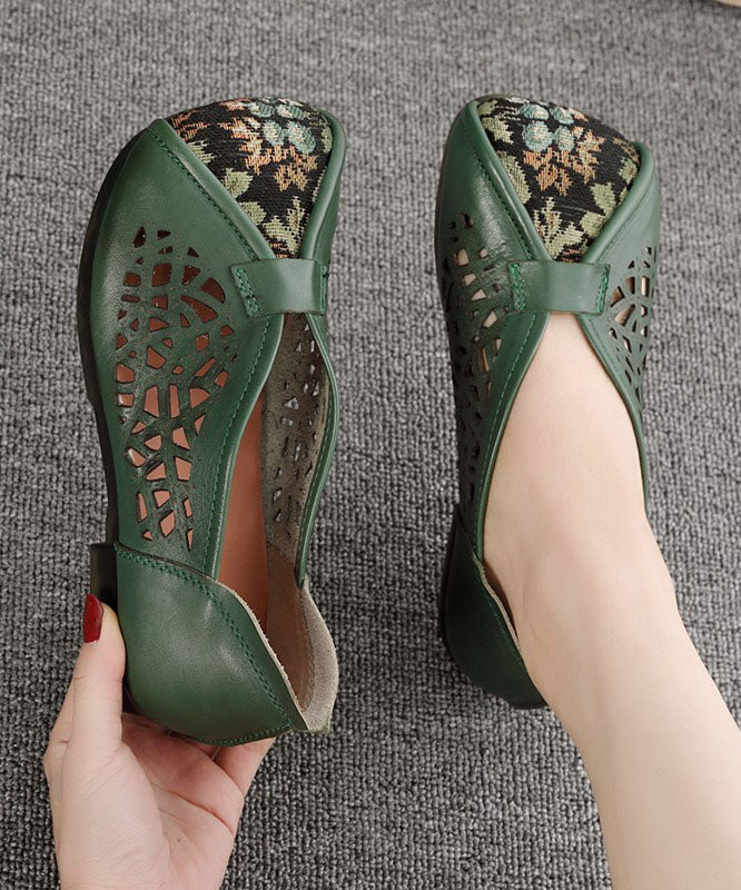 Green Hollow Out Cowhide Leather Flat Shoes For Women Splicing Flats - konjwa
