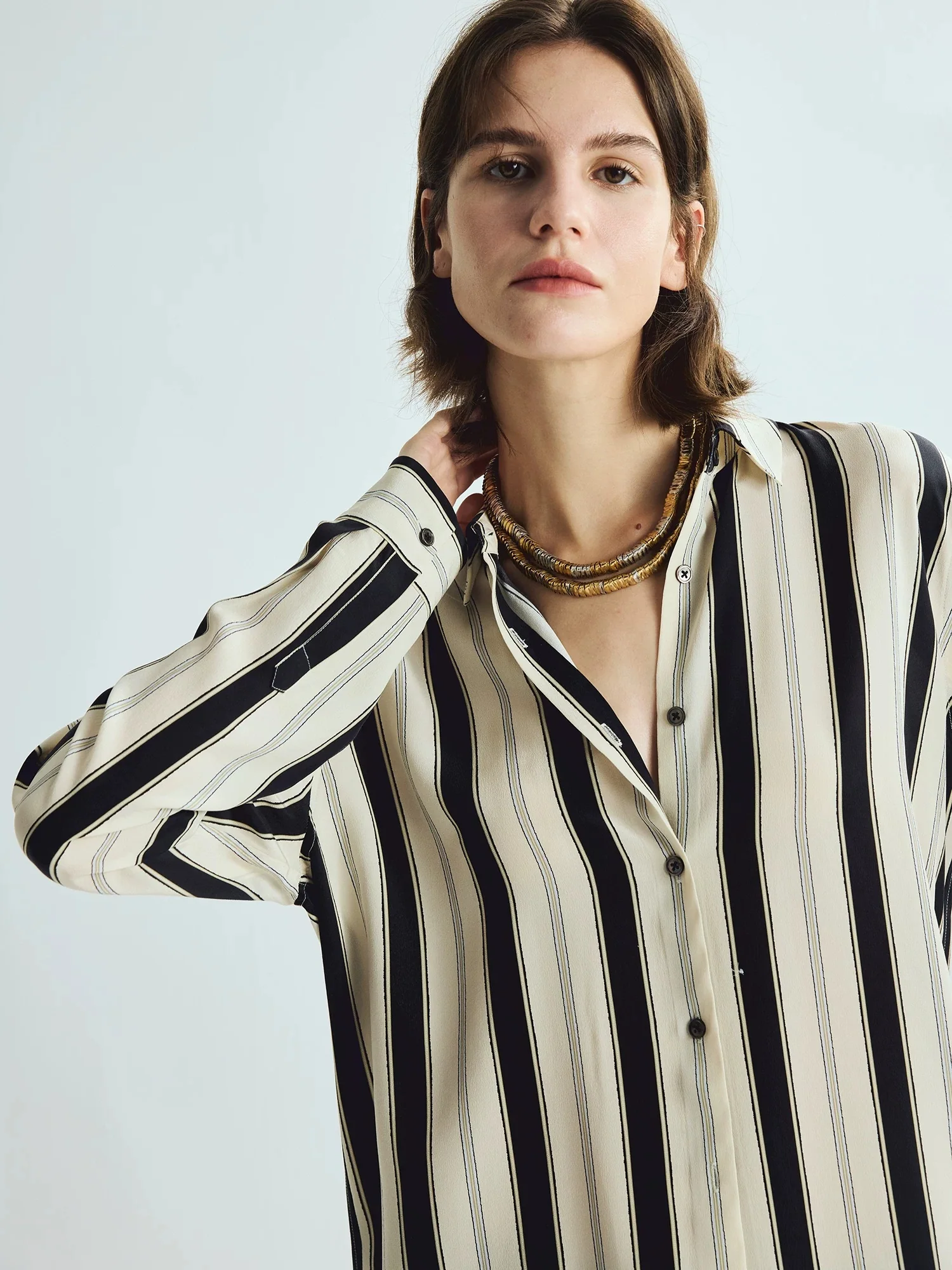 100% Mulberry Silk Contrast-Stripe Shirt – Relaxed Long-Sleeve Button-Down Blouse - konjwa